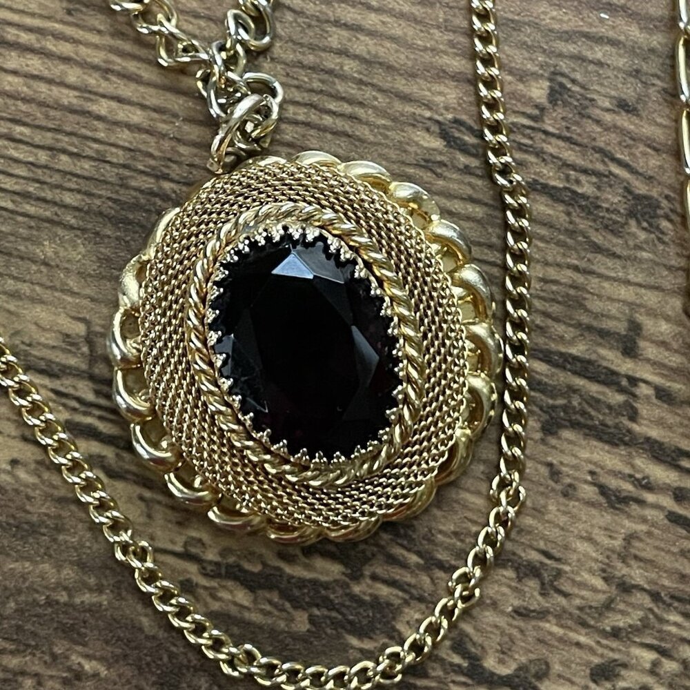 Vintage 70s Victorian Revival Necklace 24" Triple Strand Gold Tone Purple Glass - Picture 6 of 12